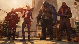 The four main characters from Rocksteady's Suicide Squad standing in a line - Harley Quinn, King Shark, Boomerang and Deathshot