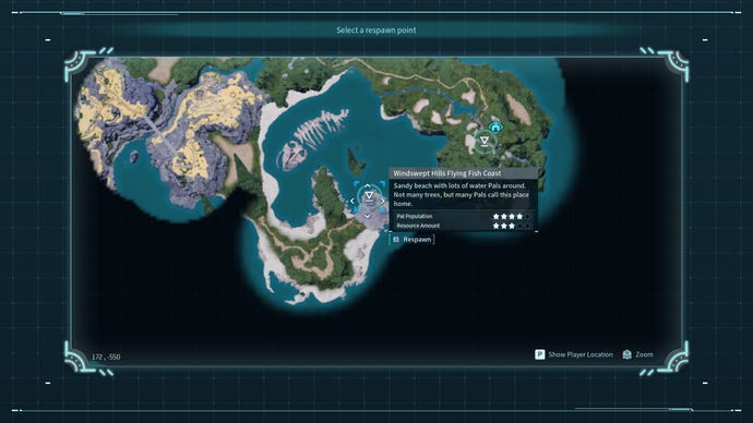 A look at the Windswept Hills Flying Fish Coast spawning location in Palworld.