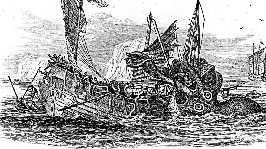 A vintage drawing of a giant squid attacking a sailing ship