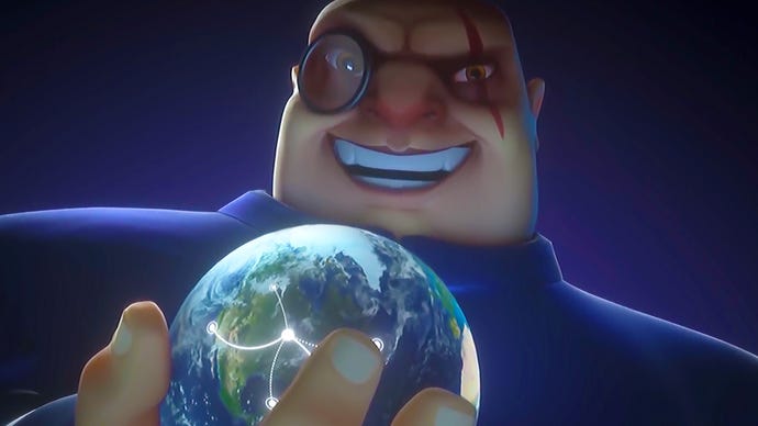 Maximilian from Evil Genius 2: World Domination laughing while holding a little ornament in his hands that looks like Earth