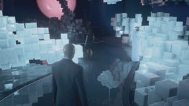 A modern art exhibit in Hitman 3, showing its ray traced reflections setting.