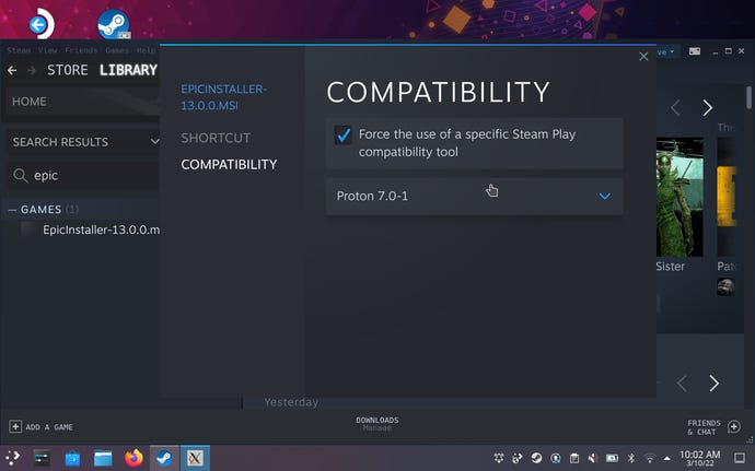 Step 6 of how to install the Epic Games Launcher on the Steam Deck: Forcing the installer to use Proton for compatibility.
