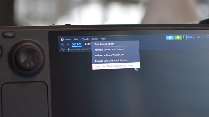 Step 10 of how to install and use Lutris on the Steam Deck: begin adding Lutris as a non-Steam game by launching Steam in desktop mode, clicking Games, then selecting Add a Non-Steam Game.