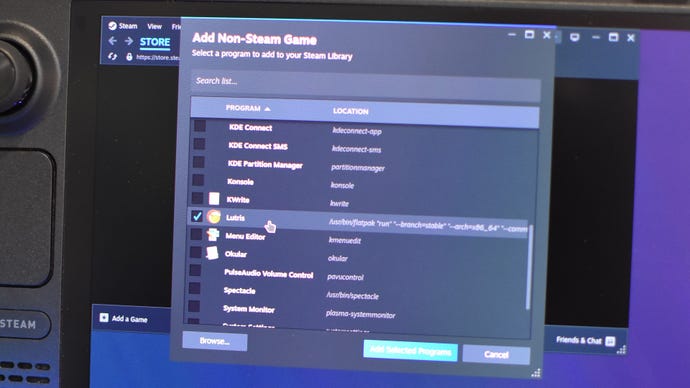 Step 11 of how to install and use Lutris on the Steam Deck: select Lutris from the list then click Add Selected Programs.