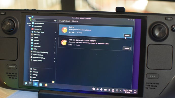 Step 3 of how to install and use Lutris on the Steam Deck: search Lutris in Discover and click Install