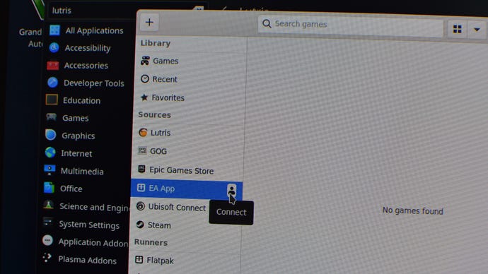 Step 4a of how to install and use Lutris on the Steam Deck: select the Connect icon of a launcher to begin installing it