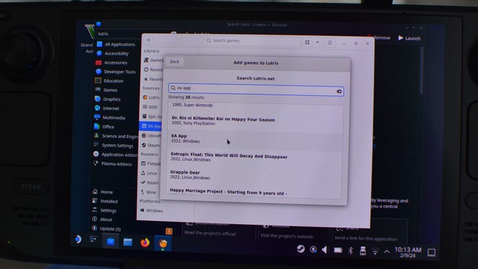 Step 4b of how to install and use Lutris on the Steam Deck: search for an launcher with Lutris' search tool