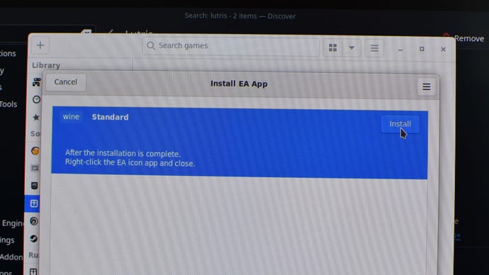 Step 5 of how to install and use Lutris on the Steam Deck: click the Install button for Wine