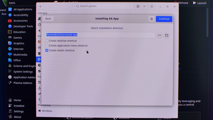 Step 6 of how to install and use Lutris on the Steam Deck: Click the Continue button