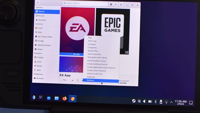 Step 1 of how to uninstall launchers with Lutris on the Steam Deck: right-click on the app in Lutris and select "Remove"