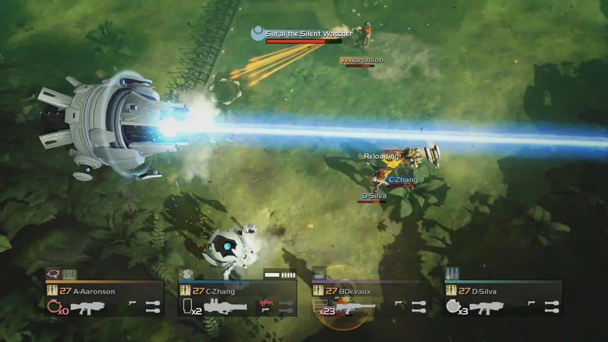 An Illuminate enemy firing a beam across the screen in Helldivers