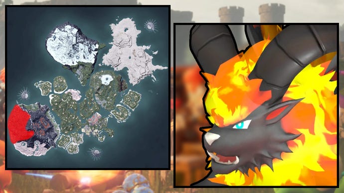 A screenshot of a Blazehowl in Palworld, next to a heatmap of their spawn locations.