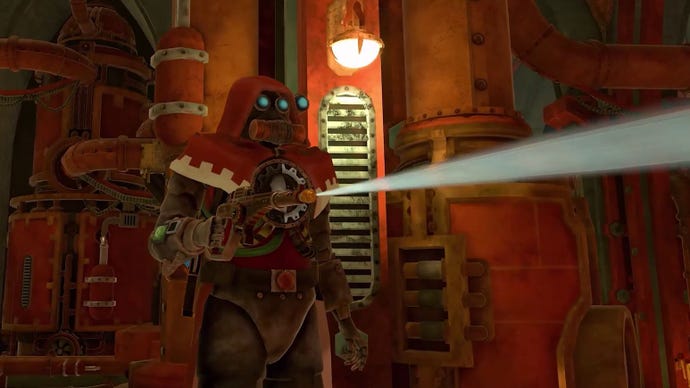 A member of the Machine Cult fires up a powerwasher in PowerWash Simulator's Warhammer 40K DLC trailer