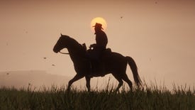 Red Dead Redemption 2 image showing a silhouette of Arthur Morgan riding across a field at sunset.